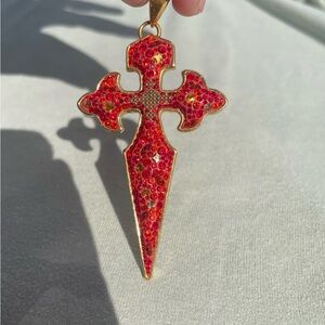 Red Crystal Cross Dagger Pendant from Rome Italy Gold Plated